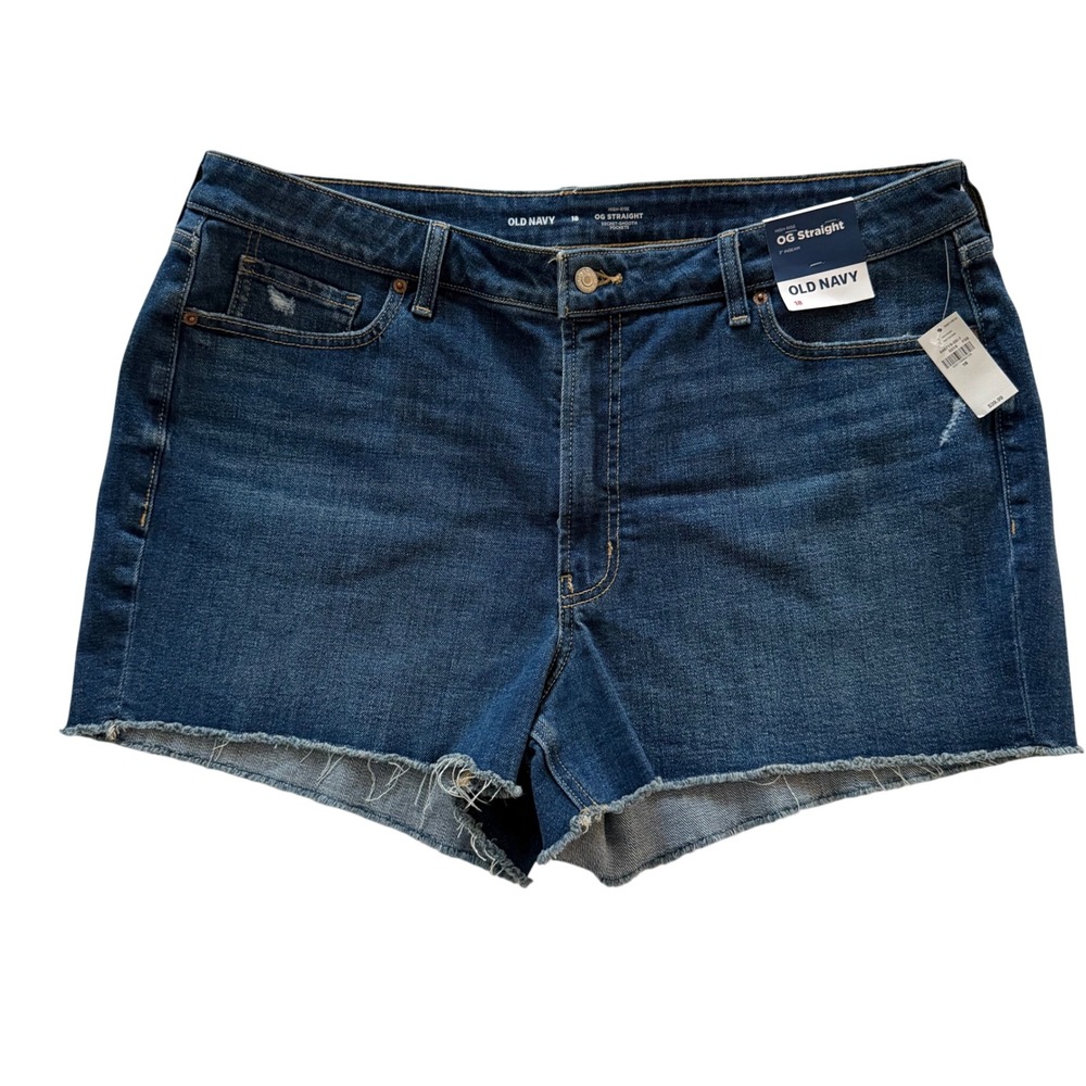 Old Navy High Rise OG Straight Denim Shorts Distressed Frayed Hem Blue Sz 18 NWT - Picture 4 of 6